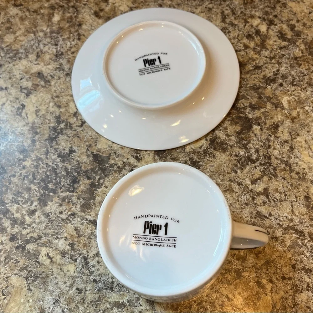 Pier 1 Monno Bangladesh Elegant White and Silver Tea Cups and Saucers Set of 4